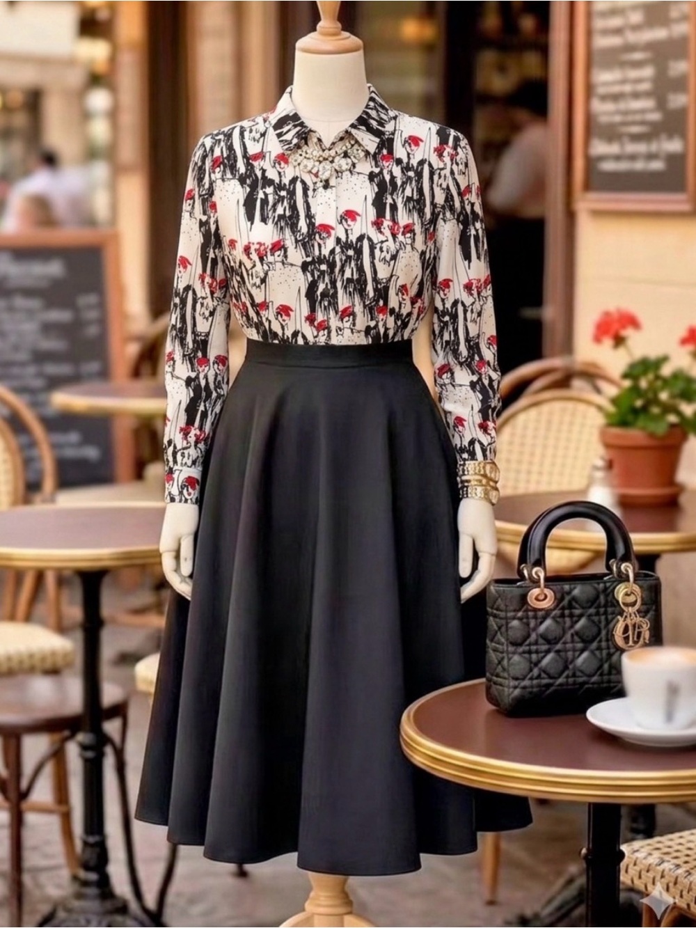 Karl Lagerfeld Paris Fashion Sketch Print Blouse Button Front - Size L/XL